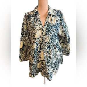 Umgee Women’s Turquoise Paisley Print Notched
Neckline Ruffle Trim Top XL